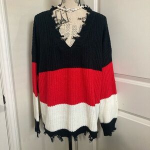Women’s Stripes Black Red White V-neck LS Knit Distressed Pullover Sweater